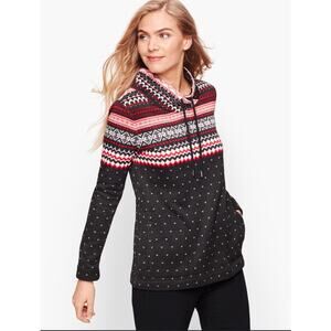 TALBOTS Petite Geometric Fair Isle Fleece High Neck Pullover Top Sweater Sz MP